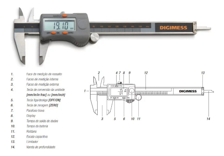 Paquímetro Digital 150 Mm Leitura De 0,01 Mm Digimess