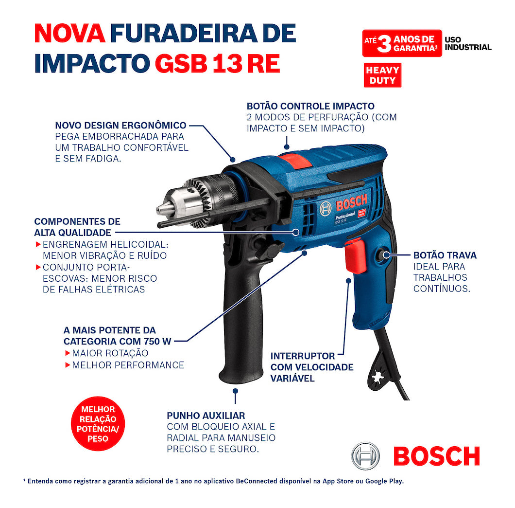 Furadeira de Impacto 1/2 13mm Gsb 13 Re 750w 23 Acessorios Bosch