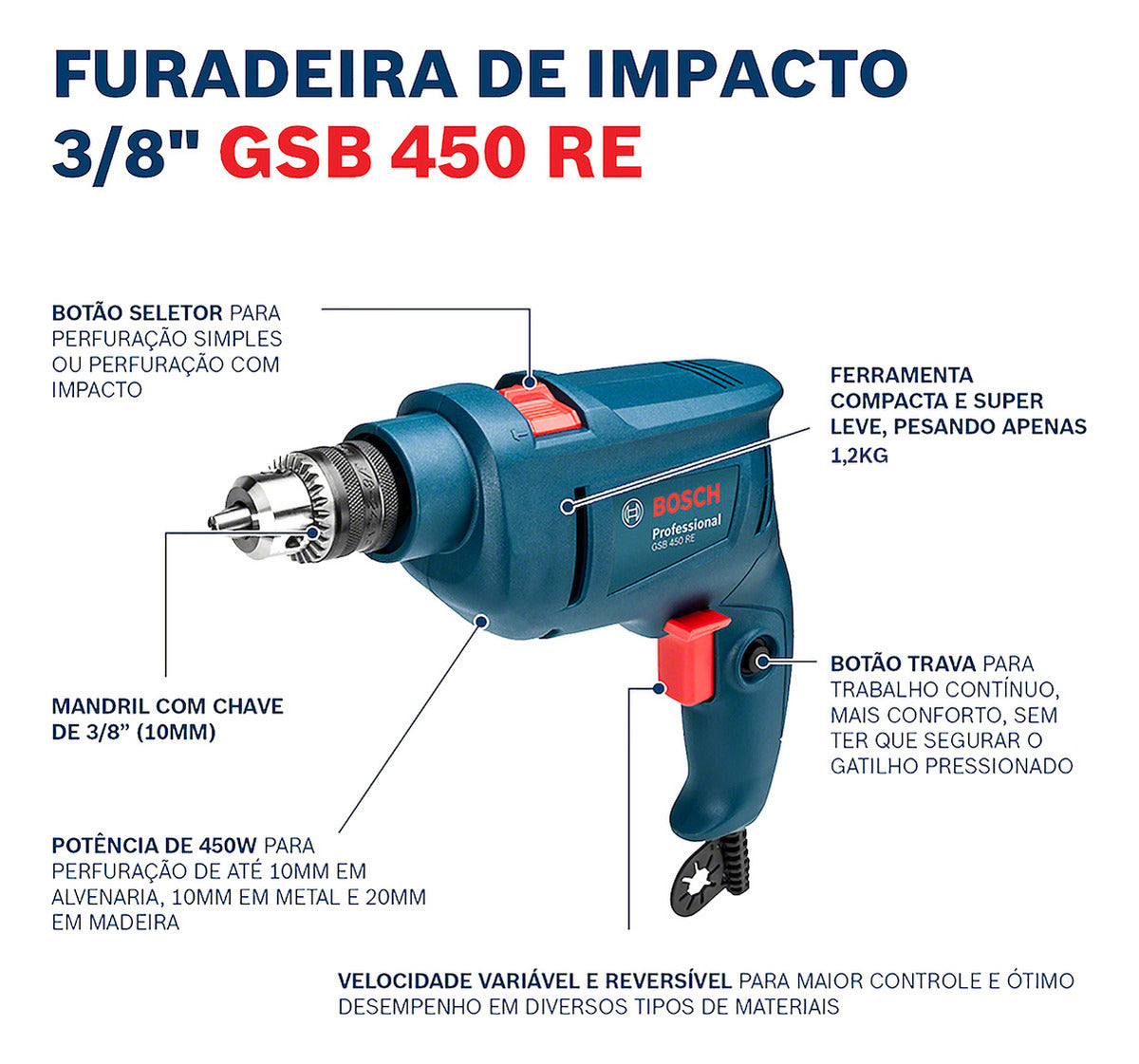 Furadeira de Impacto GSB 450 RE 450W 3/8POL 127V Bosch