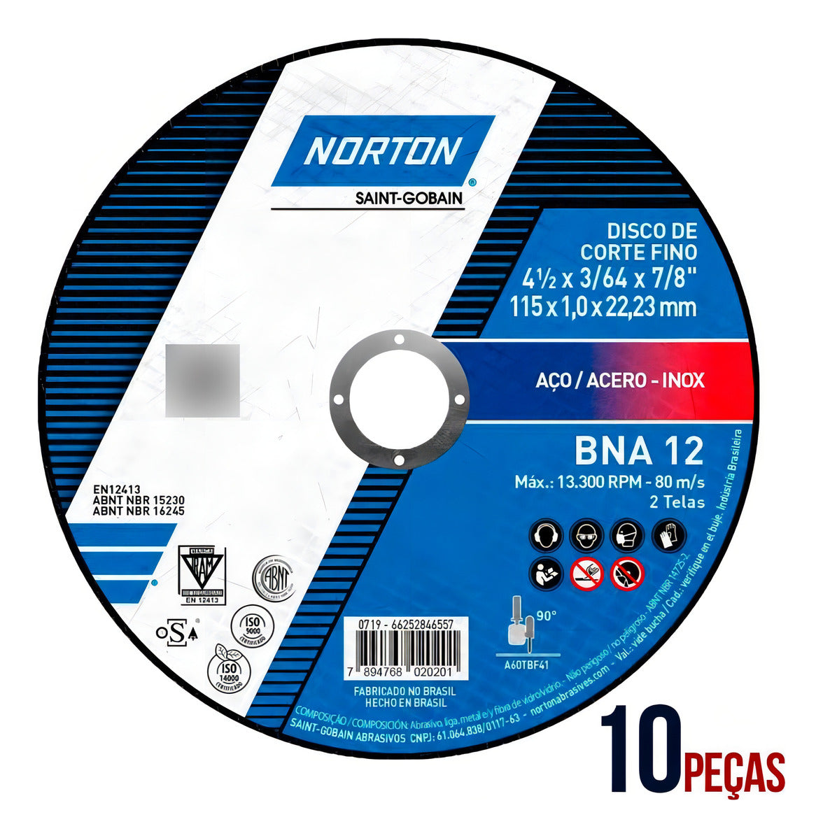 Disco Corte Metal E Inox 4.1/2 Pol Bna12 Kit 10 Peças Norton