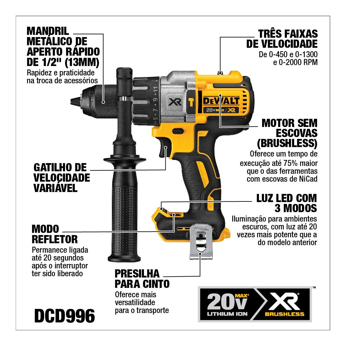 Furadeira e Parafusadeira de Impacto Dewalt Modelo DCD996B Ferramenta à Bateria 20V