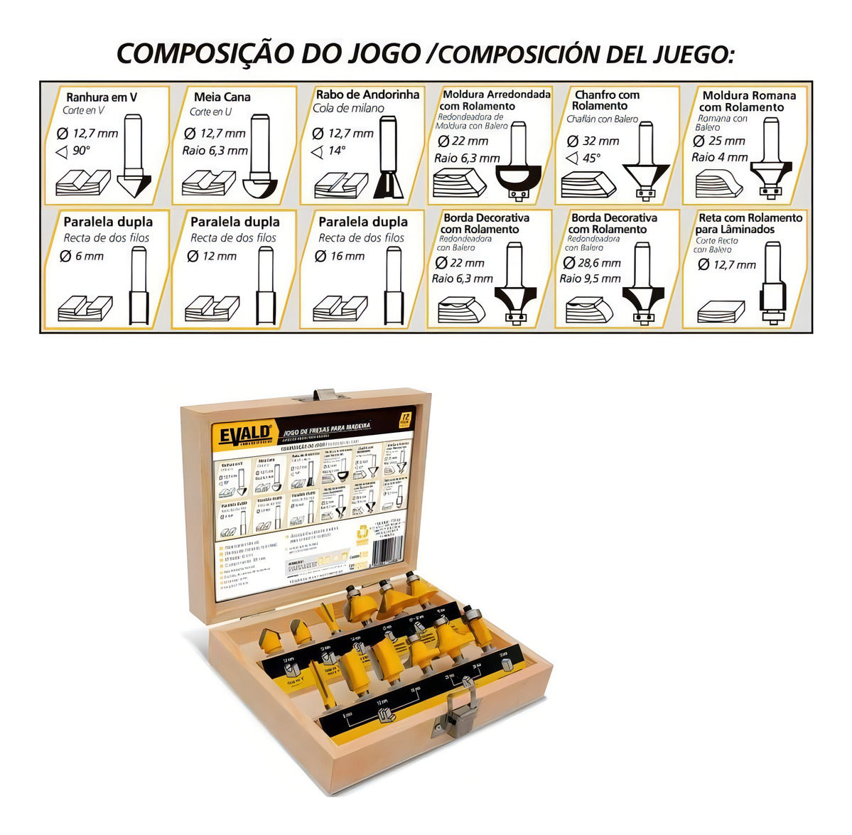 Kit Jogo Fresas Tupia Para Madeira 12 Peças Haste 6 Mm Evald