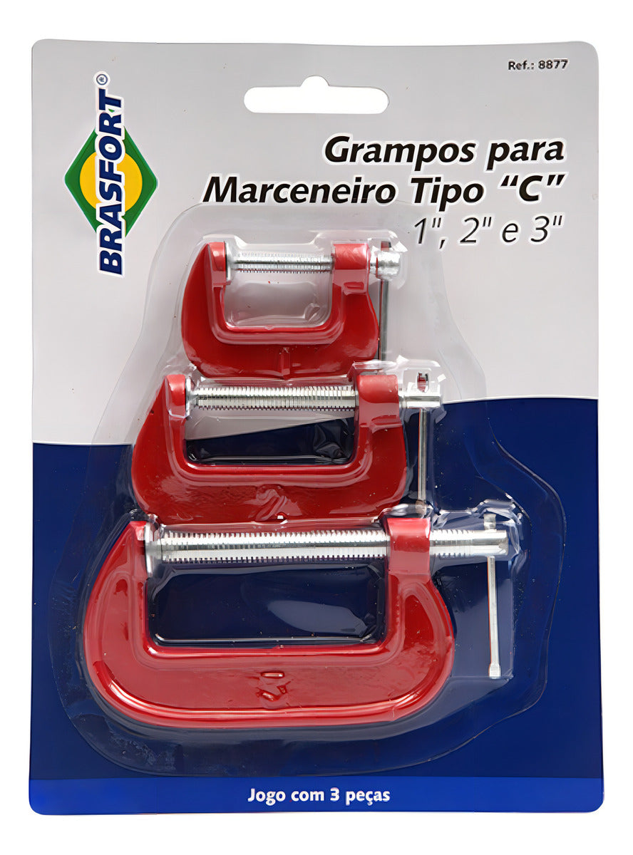 Jogo De Grampos Tipo C De 1 A 3 Polegadas Com 3 Pçs Brasfort